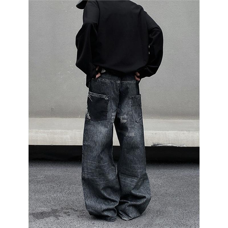 American Retro Fake Ripped D Print Jeans Men's Loose and Versatile Wide-leg Tide Brand Loose High-end Pants Tide