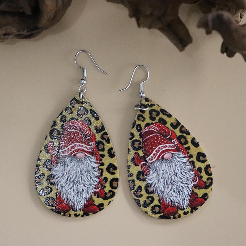 New European & American Christmas Series Santa Claus Leopard Print Double-Sided PU Leather Earrings