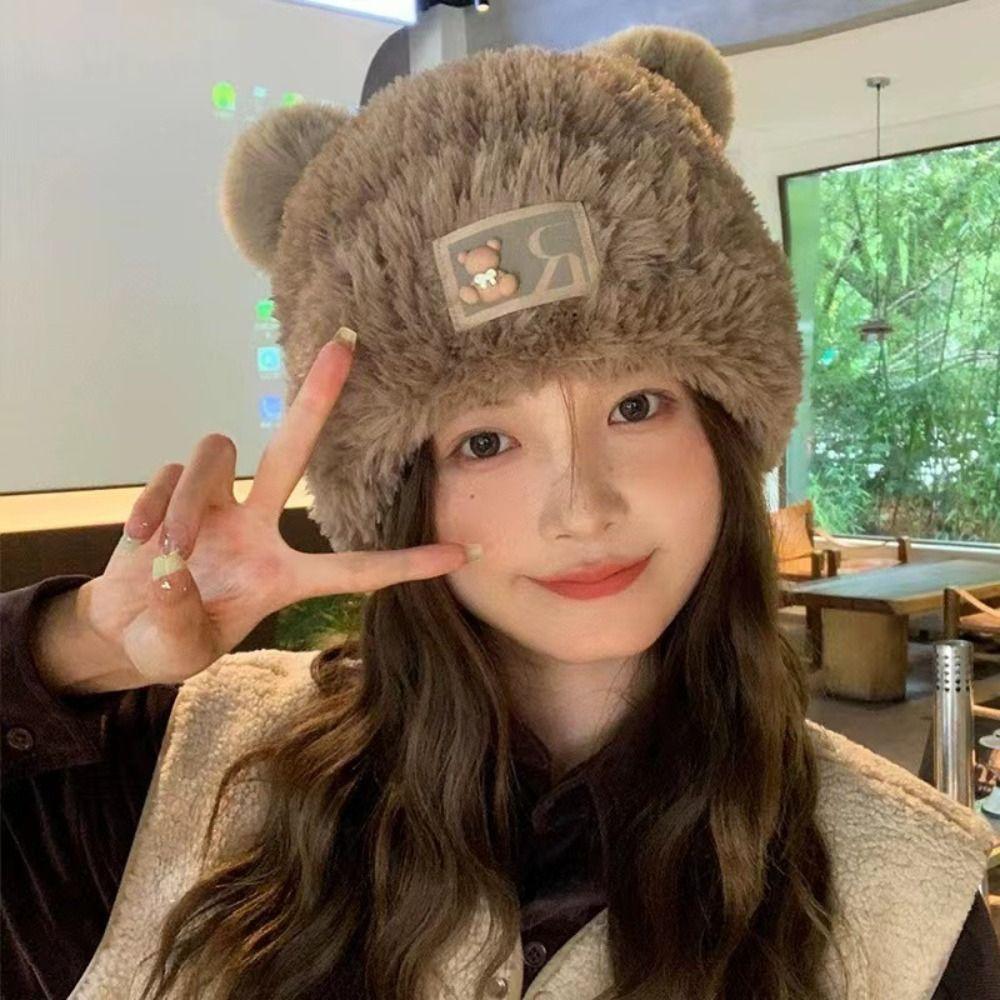 Warm Winter Plush Bear Hat Thick Beanies Caps Fashion Y2K Bear Ear Hat Women
