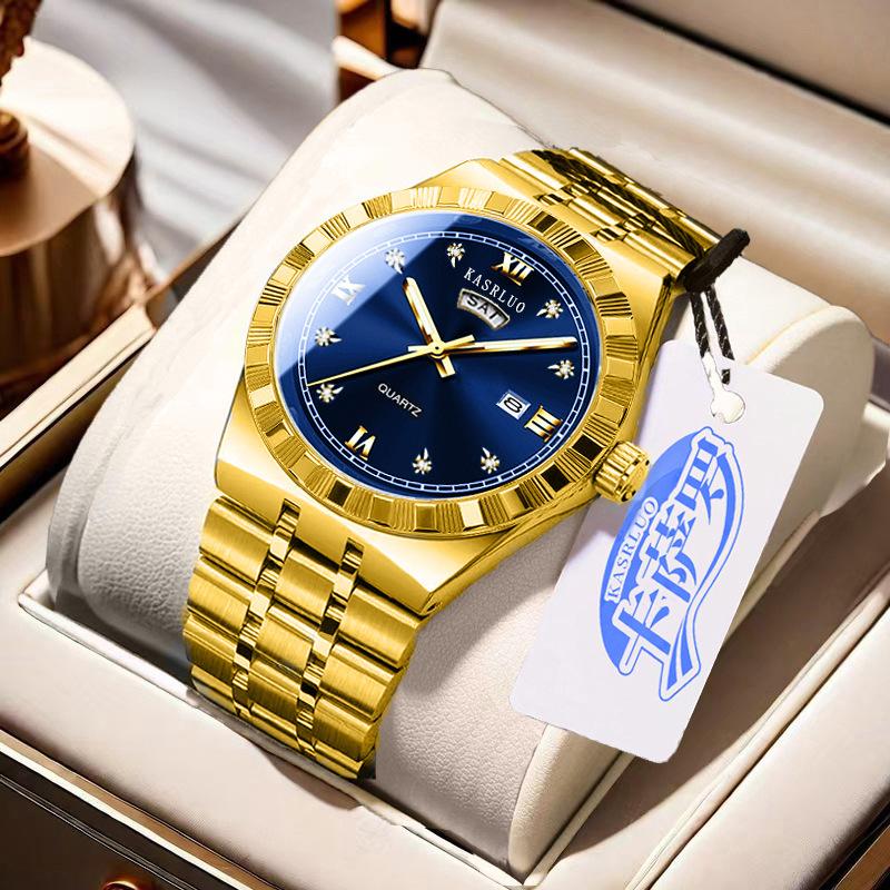 Men'S Watch Stainless Steel Waterproof Non-Mechanical Luminous Calendar Fashion Steel Belt Watch