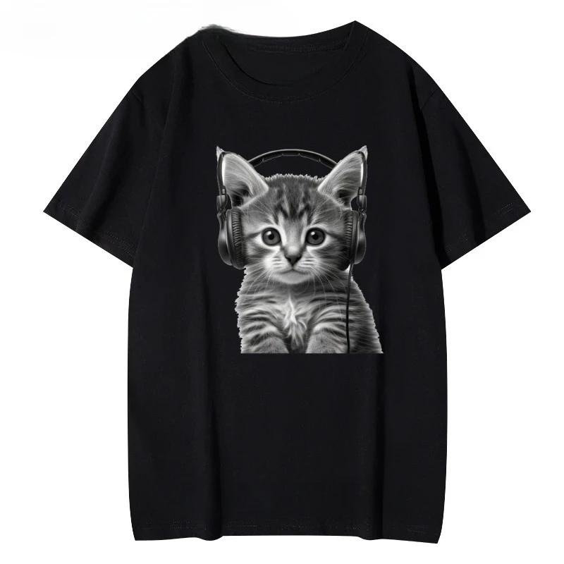 Round-neck Red T-shirt Women's T-shirt Top Women's T-shirt with Cute Kitten Wearing Headphones Print Short-sleeve for Women