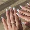 24Pcs French White Soft Pink Press On Nails With 3D Bowknot Almond Shape False Nails Korean Manicure