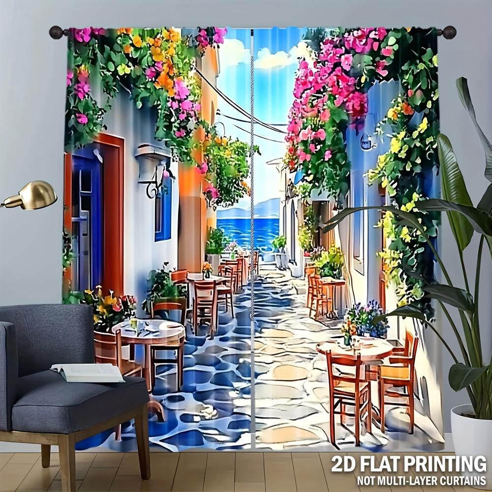 Vibrant Mediterranean Street Curtains Indoor Window Decoration Bohemian Style Italian Village Travel Scene Coastal Po Mural P