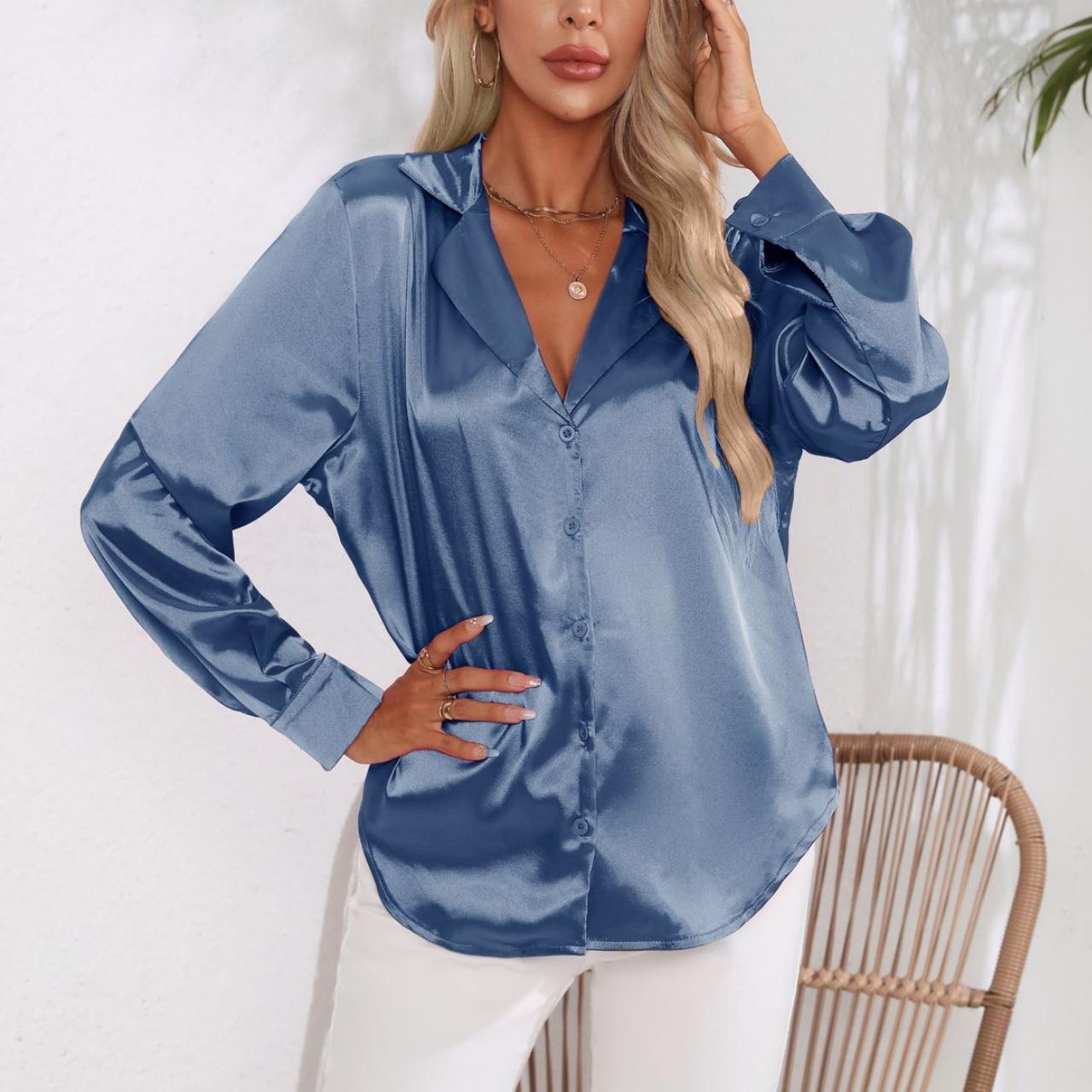 

GMXIA Костюм Воротник Цвет Ding Рубашка для женщин Сатин Имитация Шелка Длинный Рукав Рубашка для женщин XXL синий