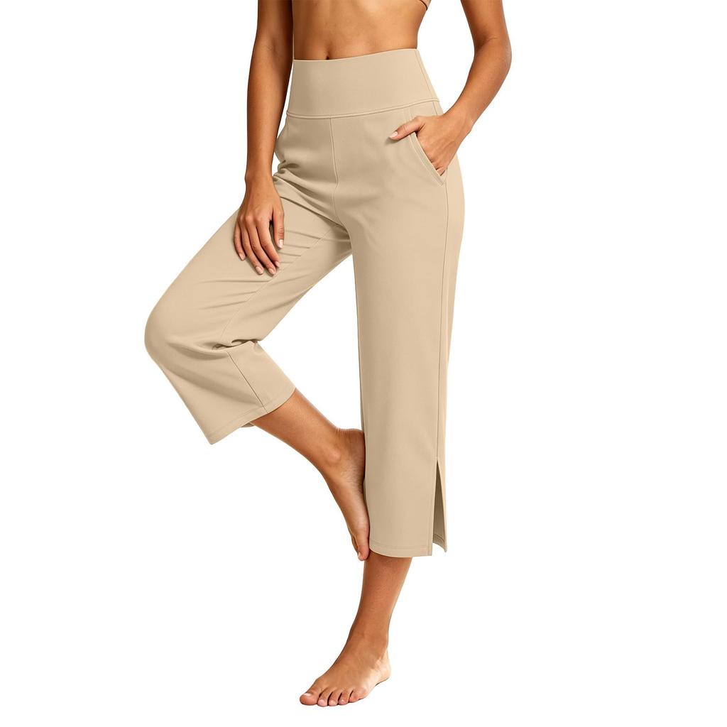 Women High Waist Casual Pants with Pockets Wide Leg Cropped Stretchy Athletic Capris with Side Slits for Everyday Wear