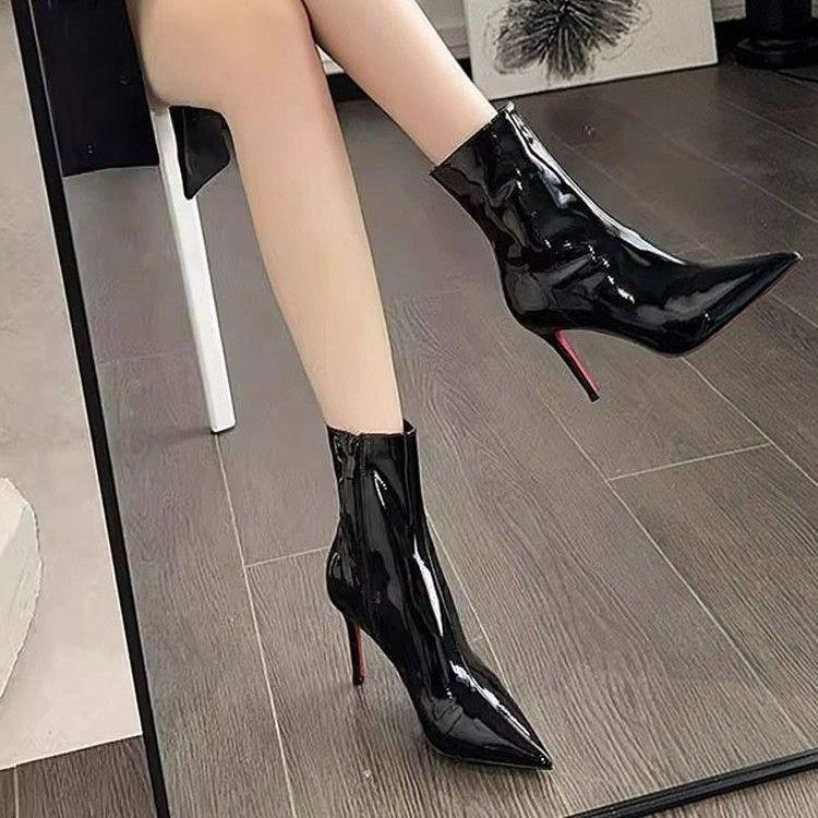 High heels patent leather royal sister design sense short boots women's boots pointed head red sole good-looking stiletto