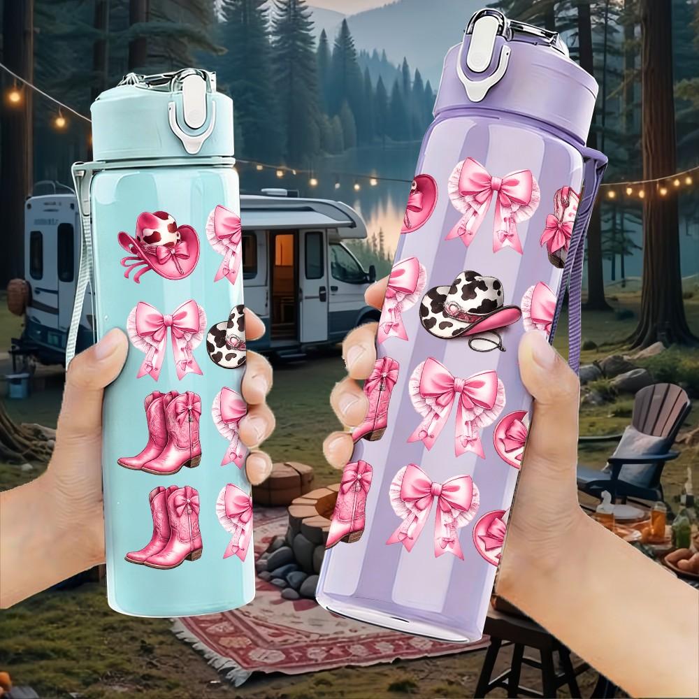 1PC Multicolor Stacked Bow Ribbon Print 750ml Color Plastic Sports Water Bottle Leakproof Flip Straw Lid Suitable for Sports Office Home Use