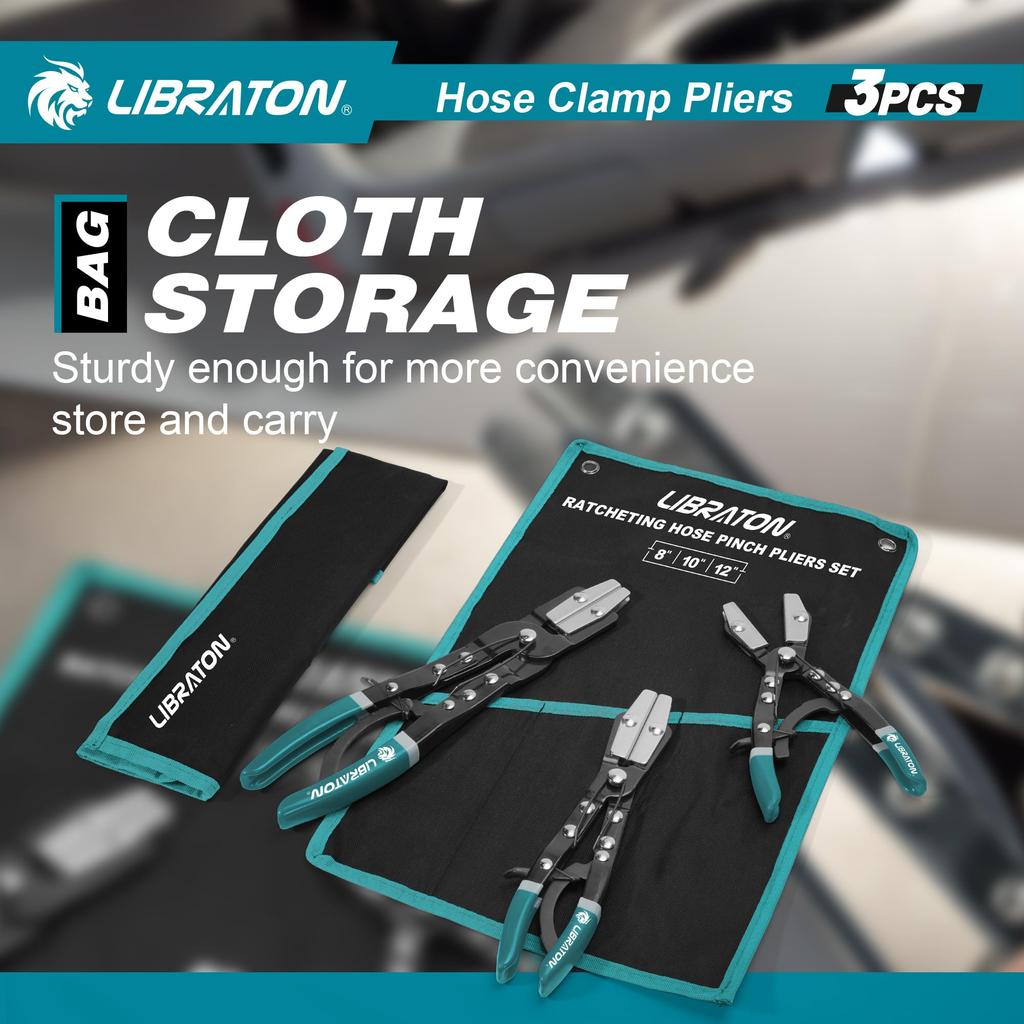 LIBRATON 3-Piece Hose Pinch-Off Pliers, Ratcheting Hose Pliers, Hose Clamp Pliers, Fuel Hose Clamp Set with Storage Bag, 8-inch, 10-inch, and 12-inch