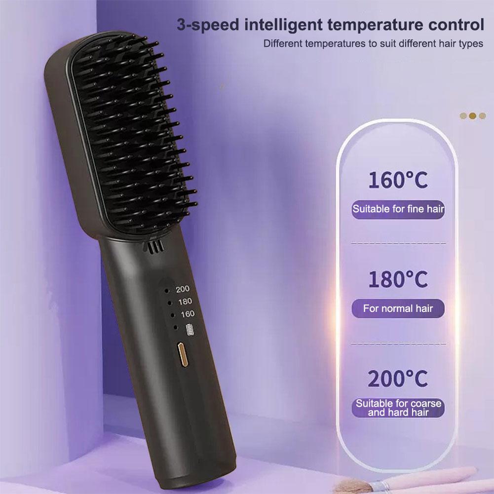 Cordless Hair Straightener Brush Anti-Scald Electric Hot Comb 3 Temp Settings Portable Straightening Brush for Travel & Home