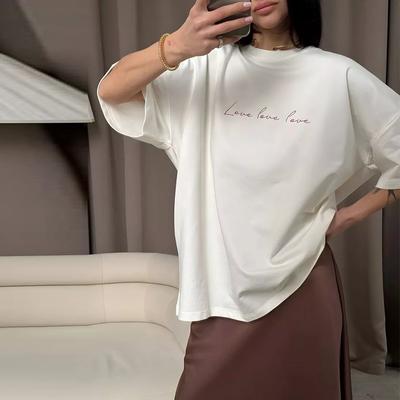 Simple Letter Print Cotton T-Shirt Women Summer White Basic Short Sleeve Loose Crew Neck Tee Casual Versatile Tops
