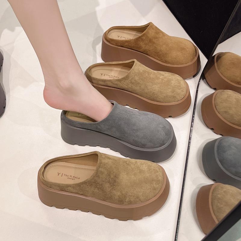 Leather thick-soled bag head half slippers women's new spring and autumn outer wear versatile casual height-increasing lazy slippers