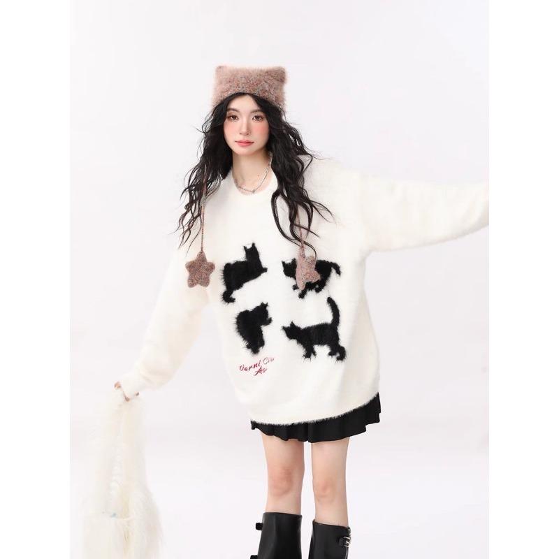 Women's Knitted Shirt with Cat Pattern Solid Color Long Sleeved Round Neck Woman Pullover Korean Loose Women Trendy Top