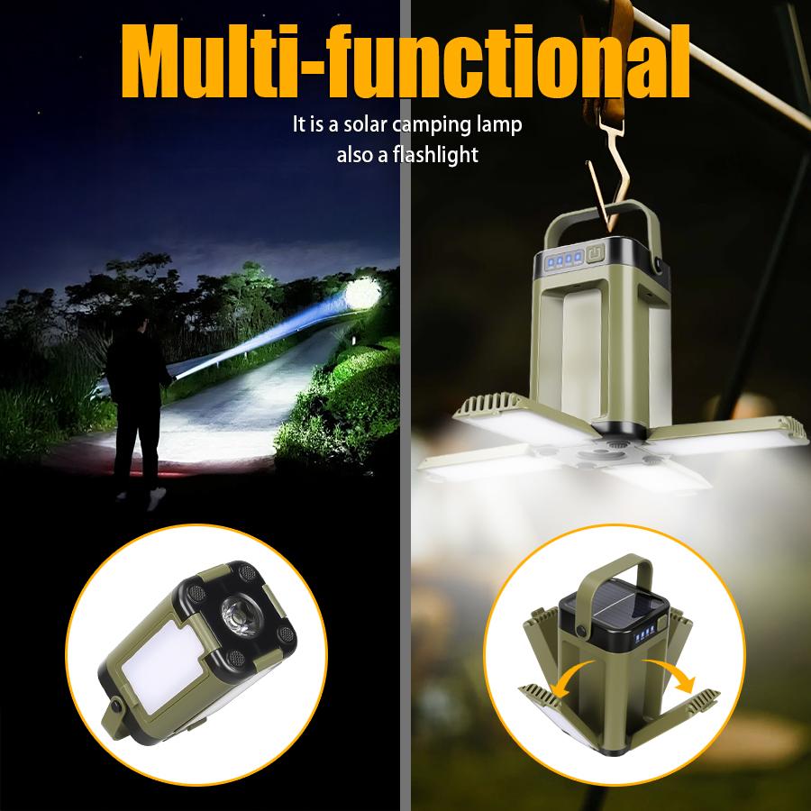Solar rechargeable LED camping light, barbecue light, 4-leaf folding tent light, atmosphere light, outdoor emergency lighting flashlight