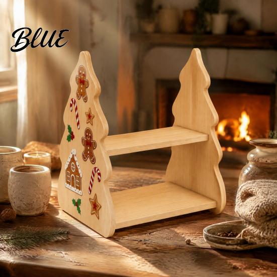 Holiday Home Decoration Christmas Tree Shaped Wooden Storage Shelf 2‑Tier Desktop Display Rack with Table Centerpiece Xmas Stickers Rustic