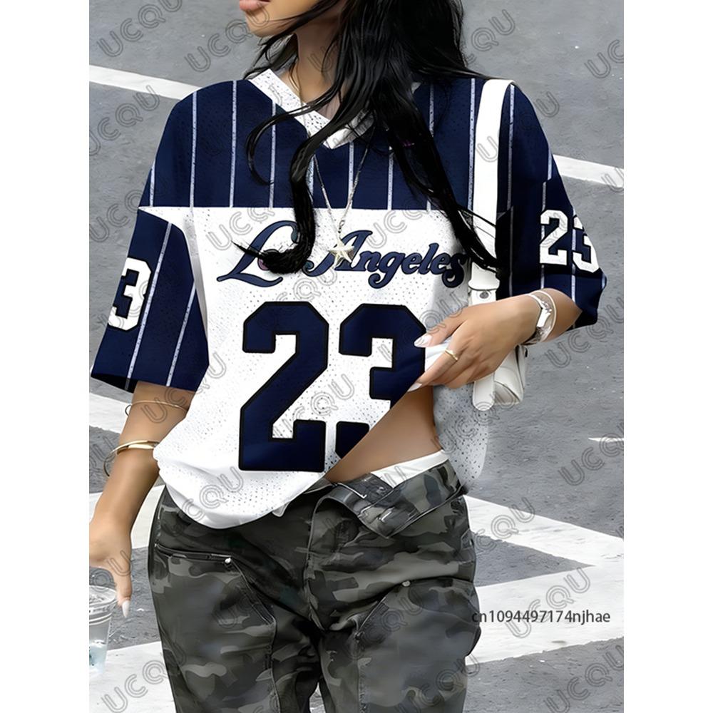 T-shirt a Strisce Estiva Nuova con Stampa Los Angeles 23 per Donna Scollo a V Patchwork Manica Corta Maglia Sportiva da Calcio Top Oversize Y2K