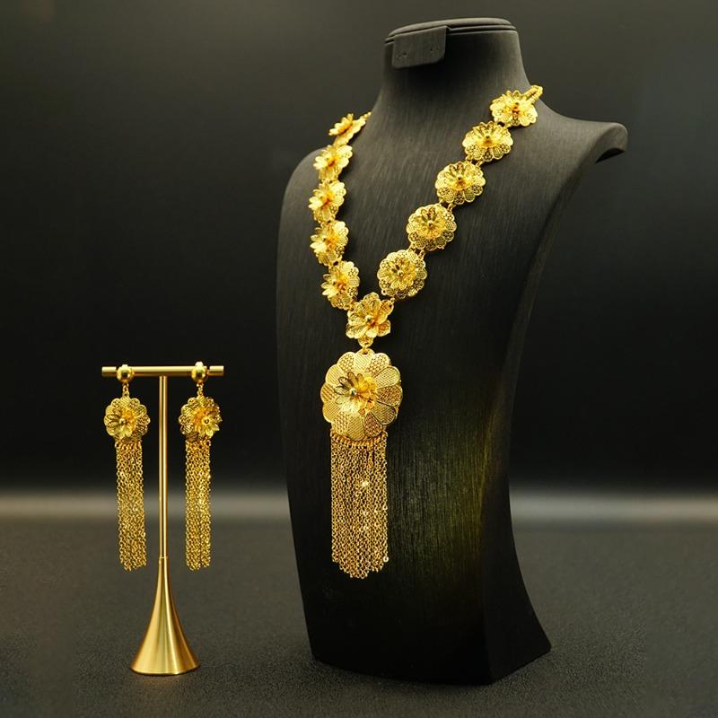 Gold Plated Flower Necklace Earrings Jewelry Set Wedding Bridal Jewelry Accessories