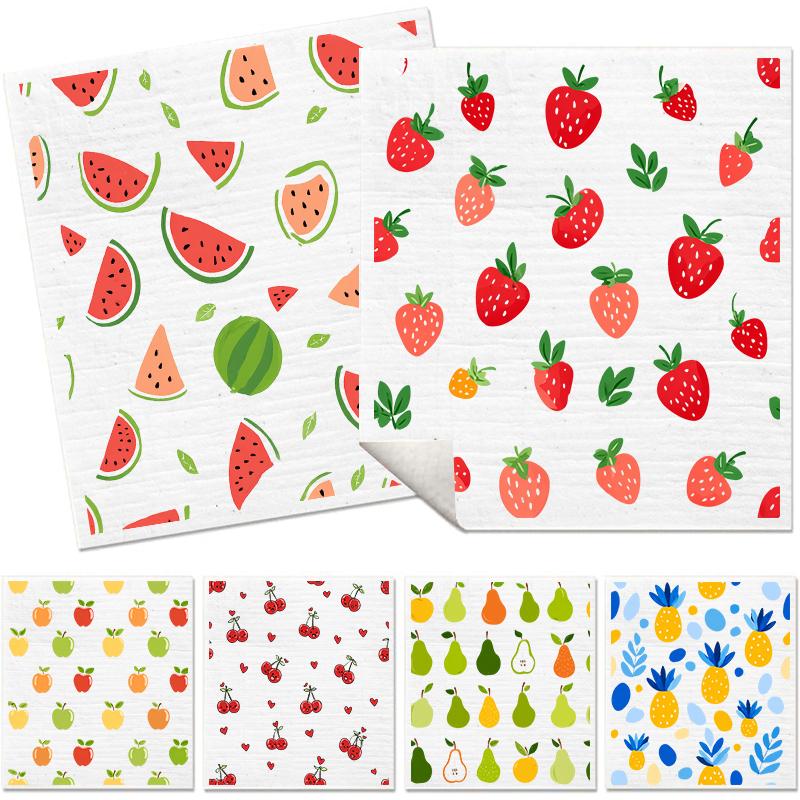 6Pcs Kitchen Swedish Dishcloths Eco-Friendly Reusable Dish Towels Absorbent Biodegradable Cleaning Wipe Soft Washable Dish Rags Fruits Printing