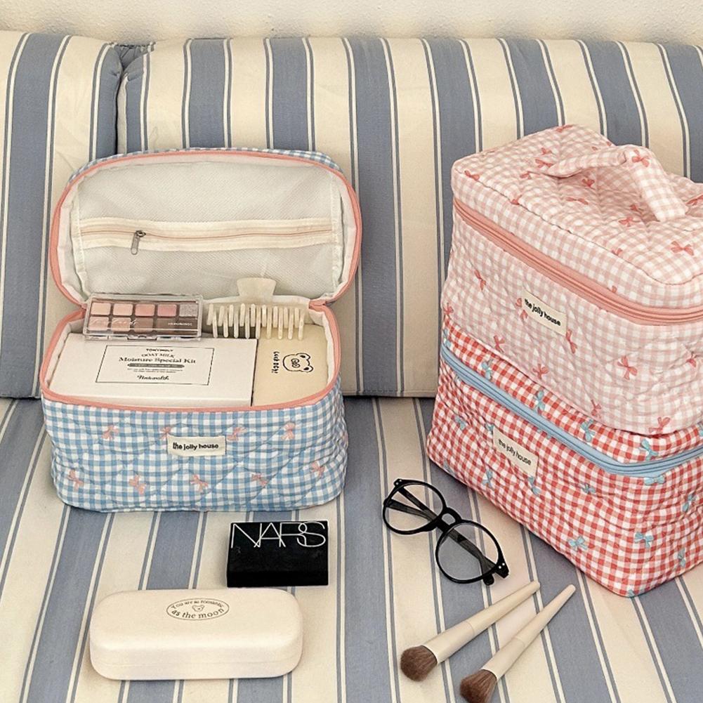 Checkered Cute Bow Travel Makeup Pouch with Zipper Toiletry Bag Cotton Quilted Cosmetic Organizer Case for Women and Girls