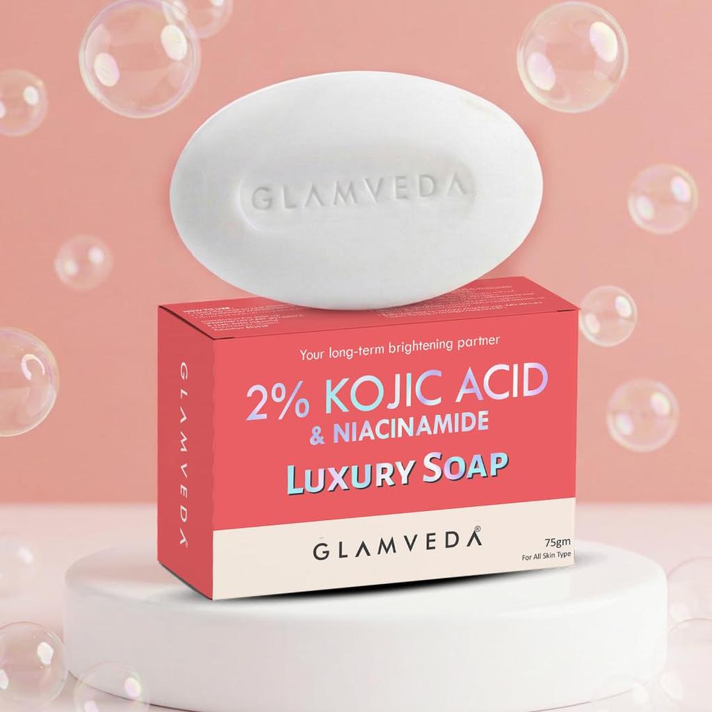 Glamveda 2% Kojic Acid Skin Lightening Soap with Niacinamide | For Dark Spots, Pigmentation & Sun Tanning | For Glass Skin | Clear Glow | All Skin
