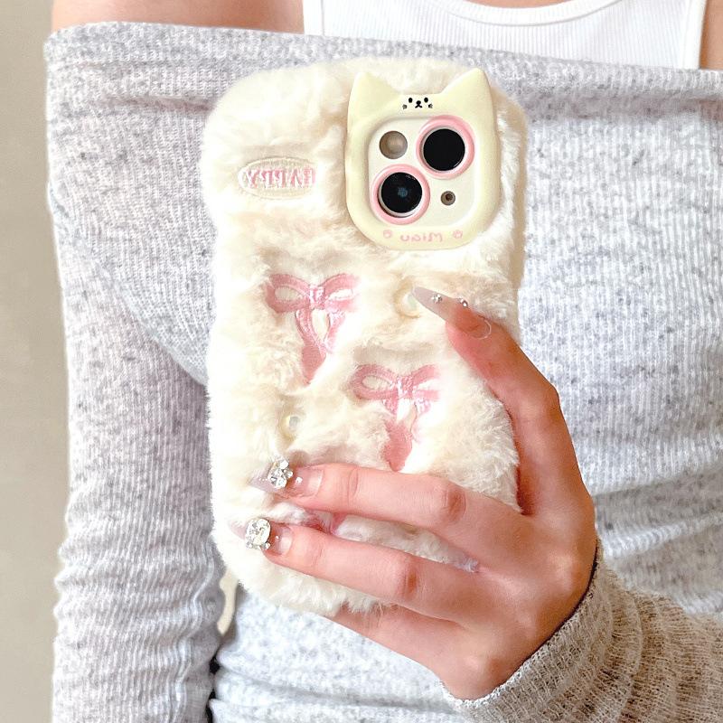 Applicable iPhone17promax plush mobile phone case bow Apple 16 cartoon cloud anti-drop 15 protective case