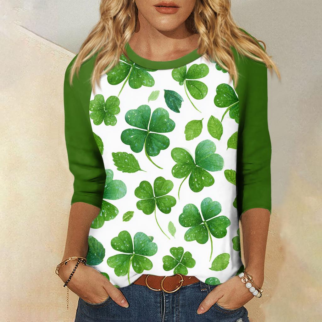 Women's St. Patrick's Day Print Round Neck Three-Quarter Sleeve Top