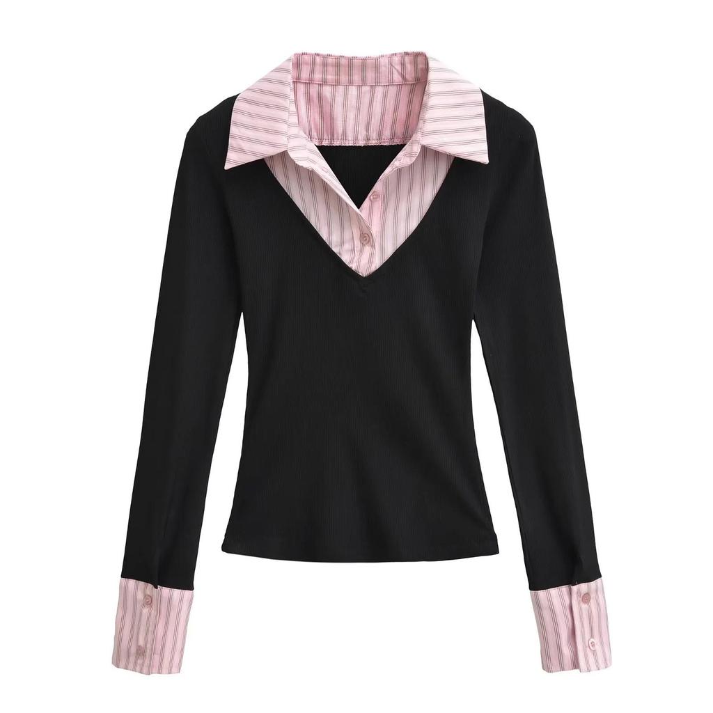 Women's College-Style Faux Two-Piece Striped Patchwork Slimming Long-Sleeve Lapel T-Shirt, Autumn/Winter Korean Style.