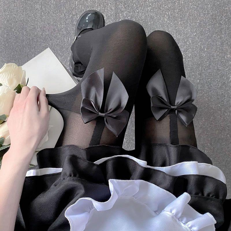 Japanese Black Bow Fake Thigh High Socks with White Suspender