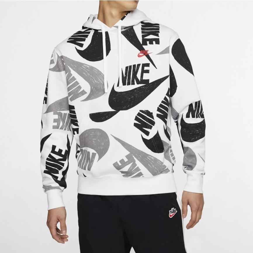 Nike Street Style Graffiti Print Mixed Hook Fleece-Lined Hoodie Men Tops Black White CJ6313-010