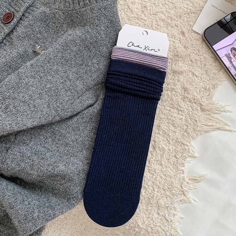 Women's Japanese Style Ribbed Stripe Mid-Calf Socks - Grey Patchwork Fake Two-Piece for Spring/Autumn Versatile Girly Fashion