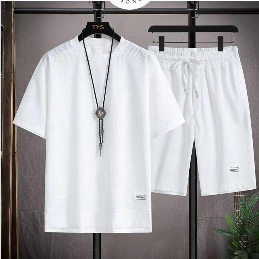 Waffle Short Sleeve Summer Casual Sports Men's Round Neck Sweatshirt Set Men T-shirt Shorts Two-piece Sets Male