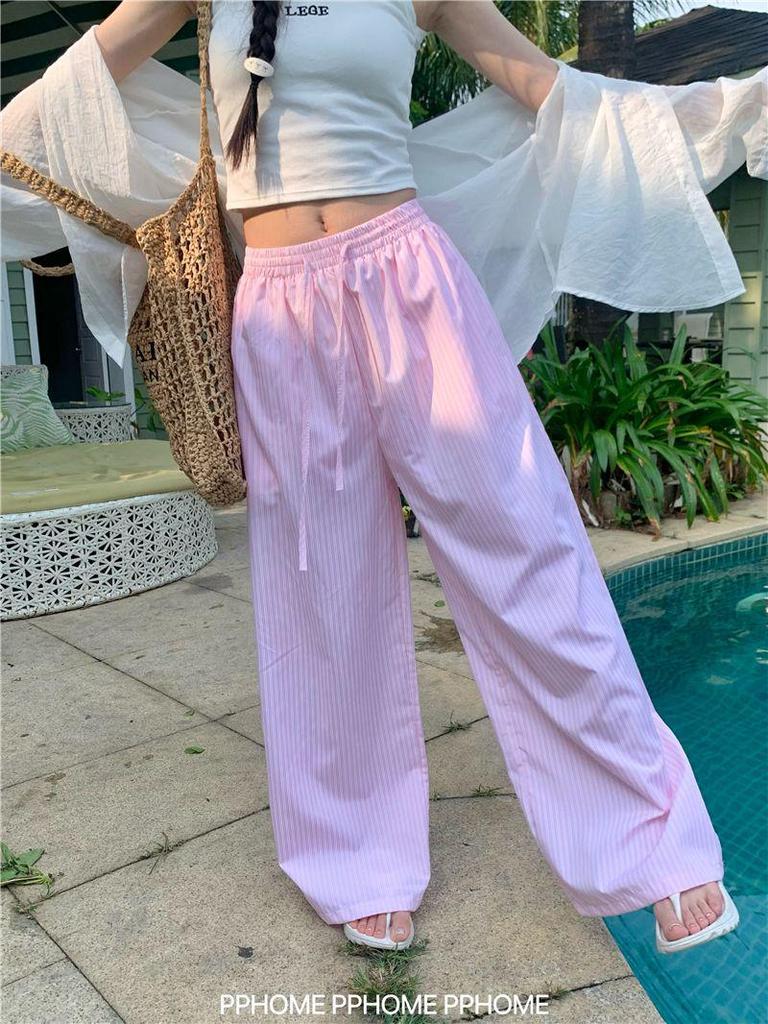 Kalhoty s vysokým pasem a širokými nohavicemi v korejském stylu s vertikálním pruhem pro ženy - Kolekce jaro/podzim 2025