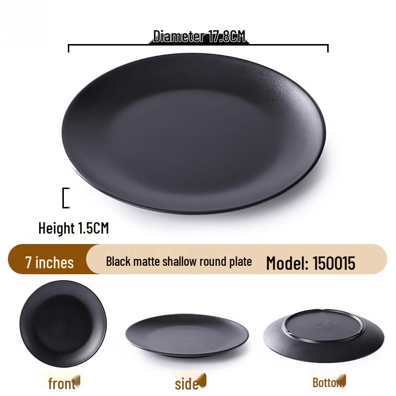 Lantuan 7-inch Black Melamine Shallow Round Dinner Plates