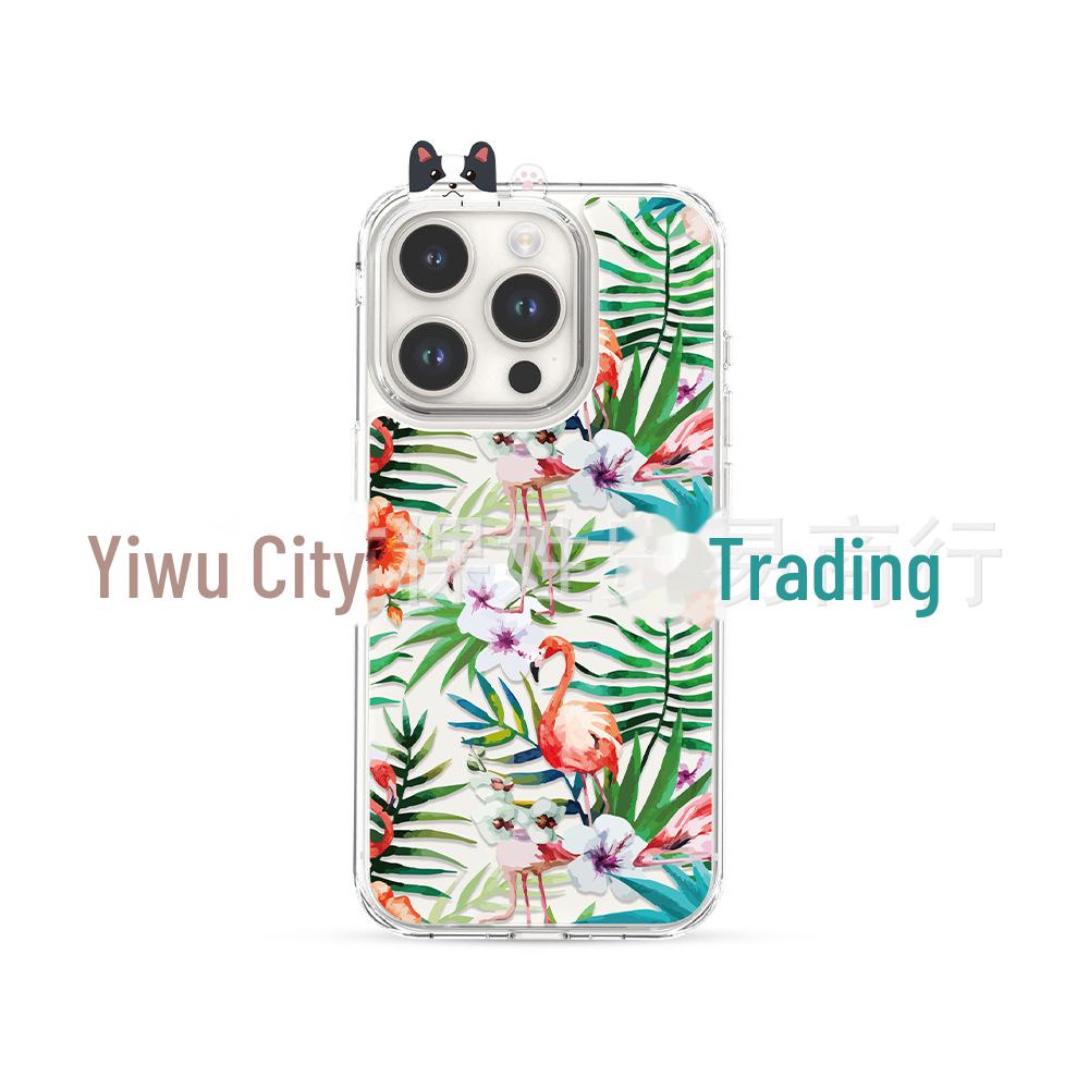 Green Parrot Watercolor Flowers & Birds Phone Case for 15/15pro, Inspired by the Forest's Colorful Ecological Chain.
