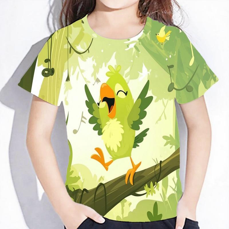 Children's Clothing Girl T-Shirts Short Sleeve Children's T-Shirts Bird Print Creative O-Neck Tops Kids Summer Clothes