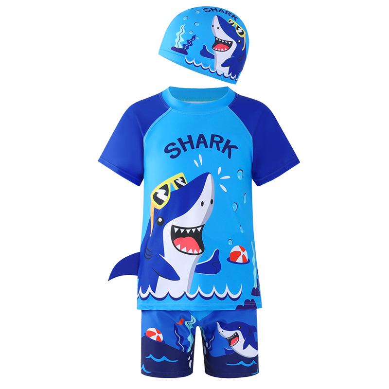 Kid's Two-Piece Swimsuit Set with Swim Cap - Short Sleeve for Boys