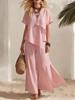 Women's Beige Short Sleeve Top and Wide Leg Pants Two Piece Set with Asymmetrical Pleat Detail