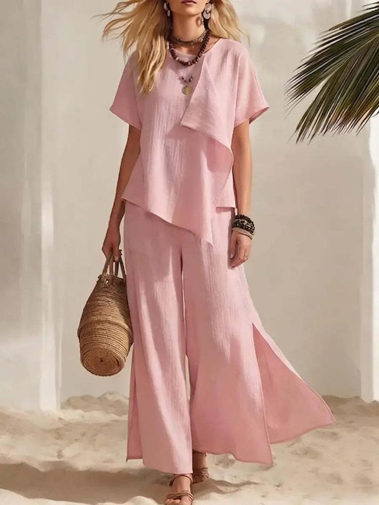 Women's Beige Short Sleeve Top and Wide Leg Pants Two Piece Set with Asymmetrical Pleat Detail
