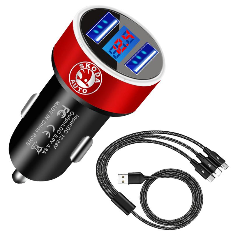 Car Charger 2 USB Ports Fast Charging Digital Display Car Accessories For Skoda Octavia Superb Rapid Kodiaq Karoq Fabia Kamiq Roomster Citigo