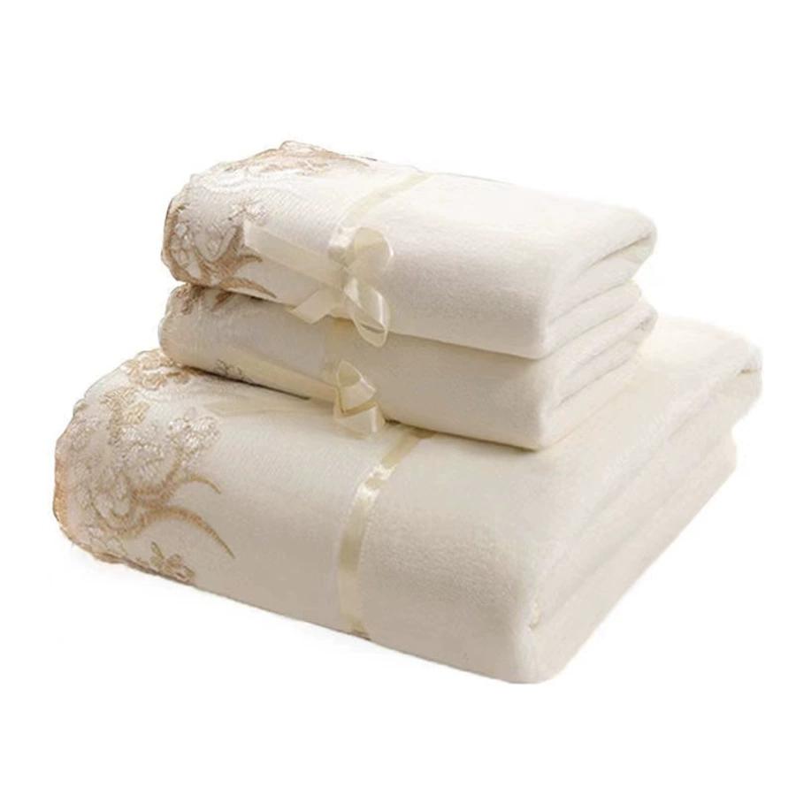 Plain Color Lace-Trimmed 3-Piece Set – Soft & Absorbent Embroidered Gift Towel & Bath Towel Collection