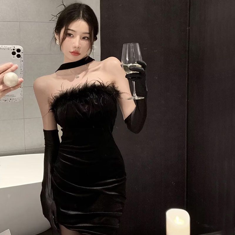 Annual meeting black evening dress women's new temperament advanced sense sexy word shoulder tube top neck dress