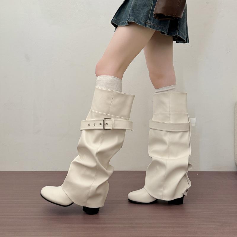 Pants boots women's new versatile round head belt buckle high knight boots niche retro but knee boots