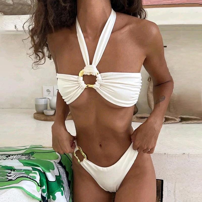 

Soft bag neck bikini women s solid color swimsuit plus size tube top split swimsuit S белый