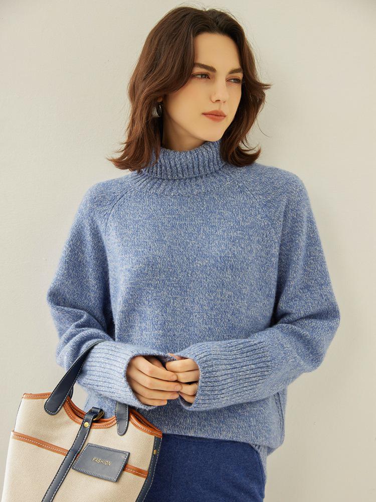 Women's Autumn/Winter High Neck Patterned Cashmere Raglan Sweater