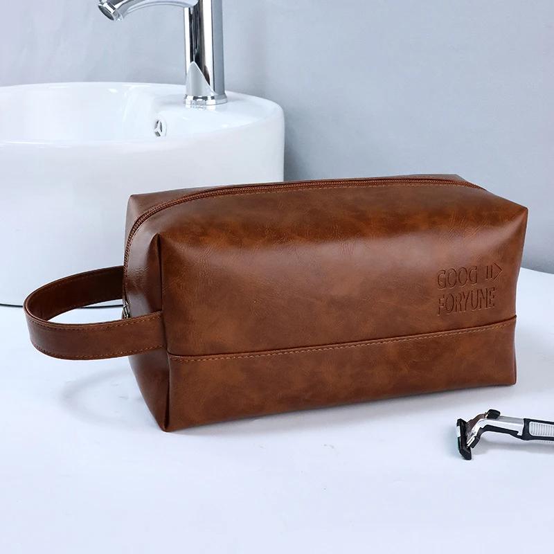 Mens Business Travel Bag Zipper Makeup Bags PU Leather Travel Toiletry Bag Cosmetics Organizer Storage Pouch Large Capacity