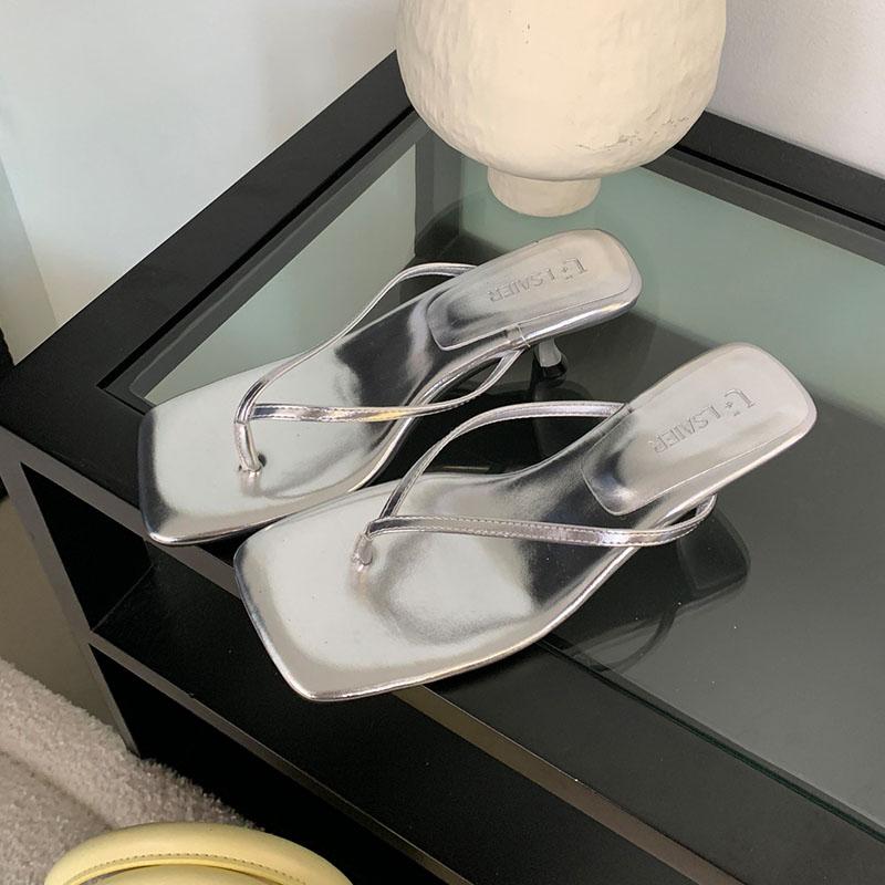 Fashion Fashion Square Toe Ladies Medium Heels Slippers Shoes Spring Summer Female Flip flops Slides Sandals Women Heeled Slippers Pumps