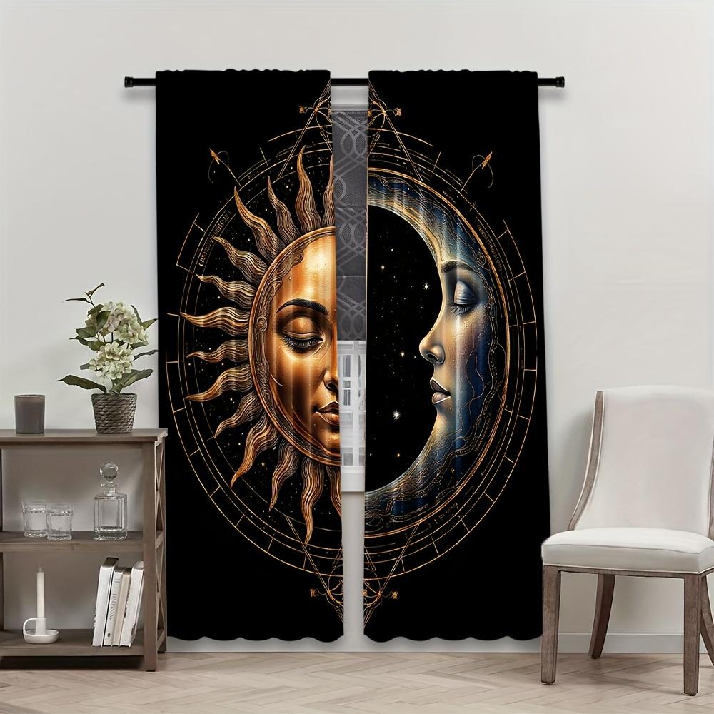 2Pcs Polyester Bohemian Sun Moon Printing Window Curtains Birthday Party Decoration Backdrop Drapes for Living Room