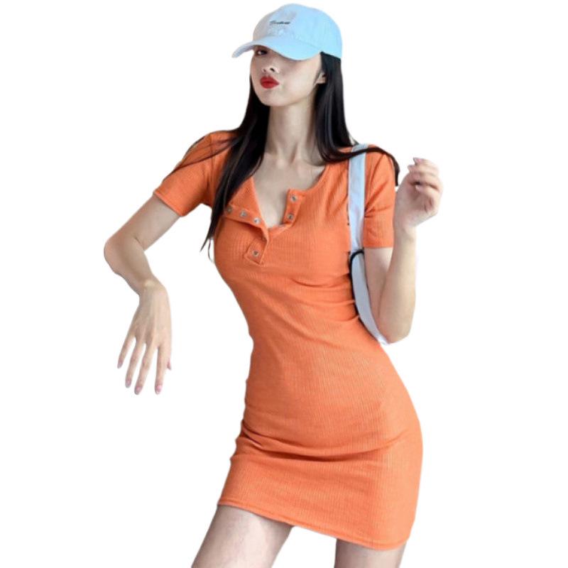 New Summer Slim Fit Short Dress - Hong Kong Style A-Line Skirt, Solid Color, Short Sleeves, Women's Fashion