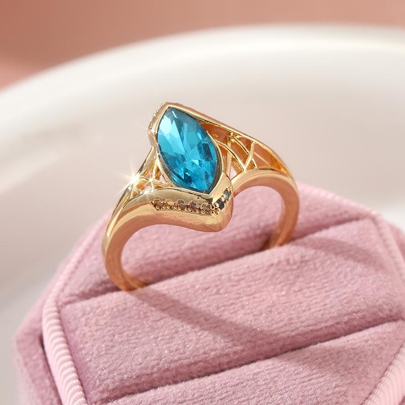 Dazzling Gold Color Inlaid Blue CZ Women's Ring Hollow Daily Wear Party Jewelry