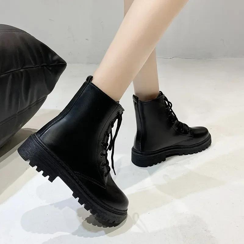 Damen Stiefeletten Herbst Neu Damenmode Britischer Stil Schwarz Lässig PU Kleiderschuhe Damen Motorradstiefel