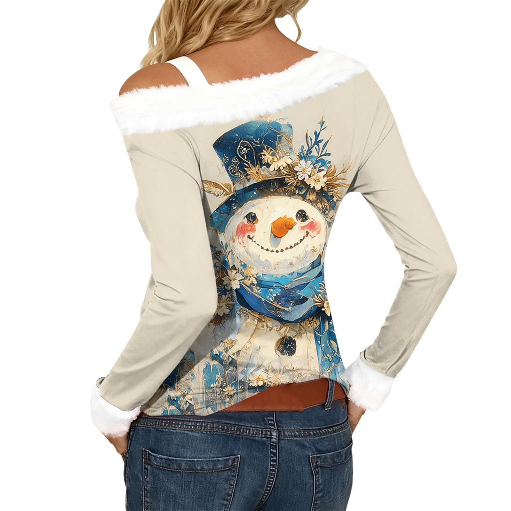 Women's Casual Fashion Sexy Off-Shoulder Collar Christmas Pattern Long Sleeve Crewneck T-Shirt Top